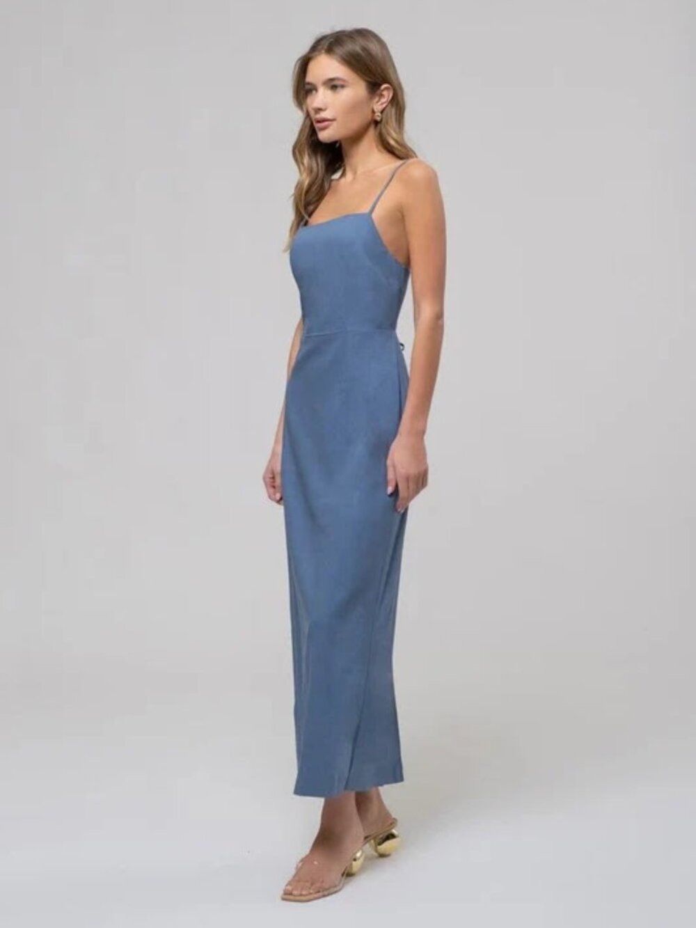 Altar'd State Slate Blue Lace-Up Back Linen Midi Dress - Picture 3 of 8